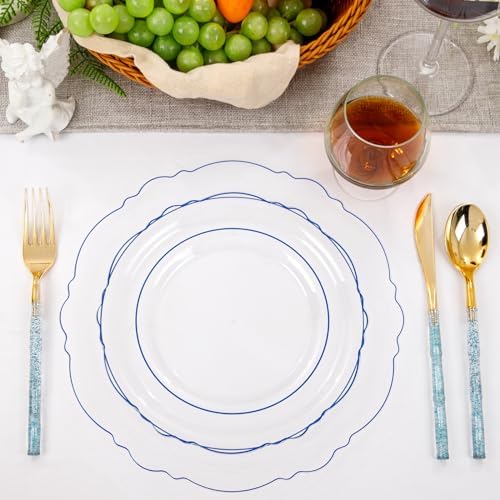 Liacere 150PCS Clear and Blue Plastic Plates-Clear and Blue Disposable Plates with Glitter Bamboo Handle Cutlery-60 Baroque Elegant Plates, 30 Forks, 30 Spoons, 30 Knives for Wedding & Party & Summer - Image 6