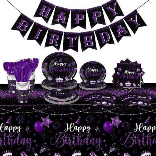 Vesici 171 Pcs Happy Birthday Party Supplies 24 Set Table, Black, Purple by Vesici