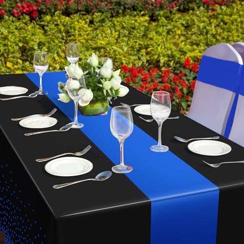 MASHAN 12Pcs Black and Blue Tablecloth Party Decorations,Plastic Black Table Cloth Printed Blue Runner Disposable Rectangle Table Cover for Birthday Wedding Anniversary Graduation Party,54 x108 Inch - Image 6