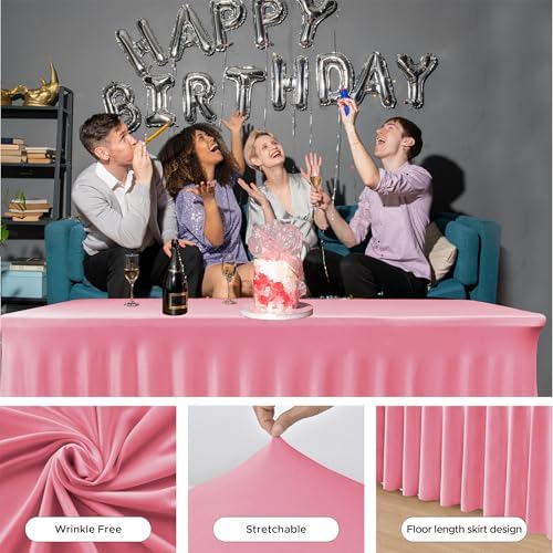 6 Pack Pink Spandex Table Covers 6ft Rectangle Ruffle Skirts for Party - Image 4