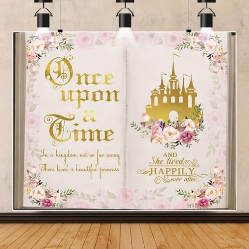 10x8ft Once Upon a Time Backdrop Fairy Tale Books Princess Girls Birthday Banner Decorations Pink Flower Gold Castle Background Fairytale Wedding Portrait Photo Booth Prop - Image 5