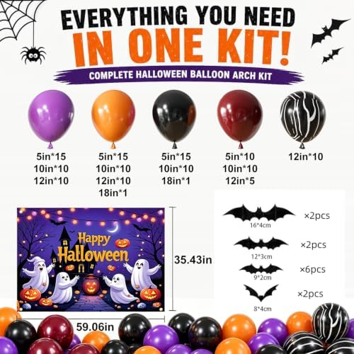 152Pcs Halloween Balloons Arch Kit with Halloween Backdrop and 3D Bat, Orange Black Purple Burgundy Balloons Garland Arch Kit for Spooky One Costume Halloween Birthday Party Decorations - Image 3