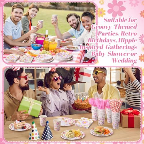 450 Pcs Groovy Daisy Flower Tableware Set, Serve 50, Colorful - Image 5