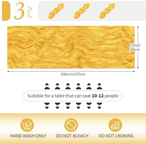 3 Pack Gold Cheesecloth Table Runner 17x108 Inch Semi Sheer Boho Gauze Cheese Cloth Fabric Table Runners Table Decor for Wedding Party Baby Shower Birthday Home Decor Garden Farmhouse - Image 2