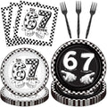 6 7 Birthday Decorations - 96 Pcs 6 7 Birthday Theme Party Plates Napkins Forks Tableware Set Decor, Black 67 Meme Party Dinnerware Supplies for Teens Adults Serves 24 by Pinglooko