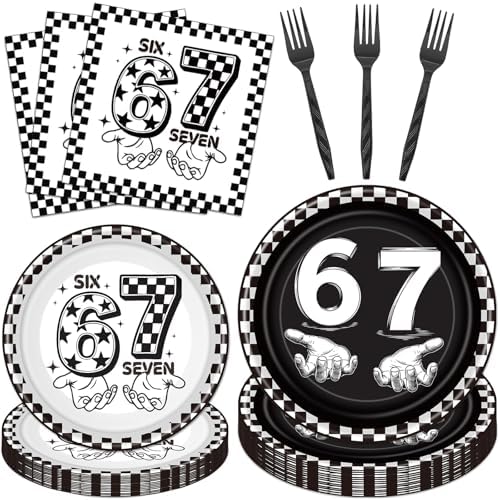 6 7 Birthday Decorations - 96 Pcs 6 7 Birthday Theme Party Plates Napkins Forks Tableware Set Decor, Black 67 Meme Party Dinnerware Supplies for Teens Adults Serves 24 by Pinglooko