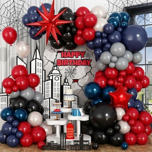 Black Red Blue Balloon Arch Garland Kit, Spider Themed 4th of July Patriotic Balloons Double Stuff Red Navy Blue Black Gray Pearl White Balloon for Kids Boys Baby Shower Birthday Party Decorations by Paeyeq