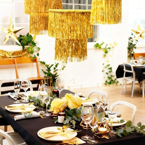 Hahafelt 10 Pcs Gold Party Decor 3 Tier Fringe Chandelier Tinsel Curtain - Image 4