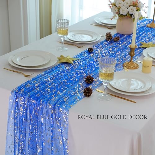 Royal Blue Gold Table Runner Glitter Decorations Sheer Gauze 10 Ft - Image 4