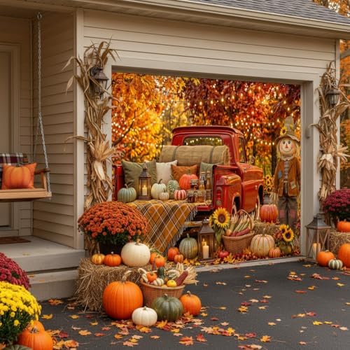 Fall Garage Door Cover 8x6ft Red Truck Pumpkin Scarecrow Harvest Decor - Image 3
