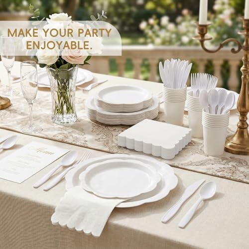 Disposable Party Supplies Set for 25/50 Guests, Heavy Duty Paper Plates & Napkins Set with Cups & Cutlery, 7" & 9" Decagonal Plates Tableware for Wedding, Birthday, Baby Shower (White, 175 Pcs) - Image 6