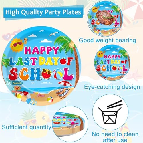 96 Pcs Happy Last Day of School Paper Party Plates and Napkins for Hello Summer Vacation Supplies Summer End of School Year Theme Dessert Tableware Set for 24 Guests Birthday Party Decorations - Image 3