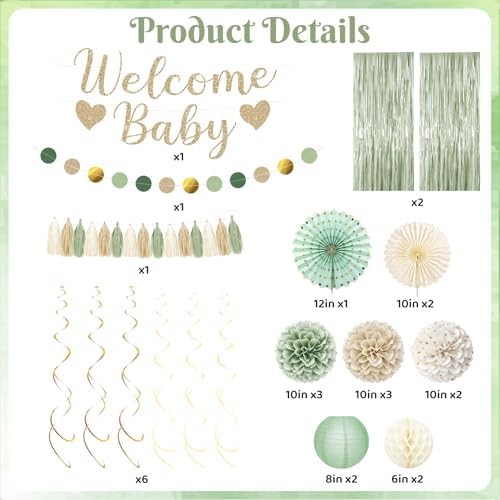 Sage Green Baby Shower Decorations with Banner Fringe Curtains - Image 2