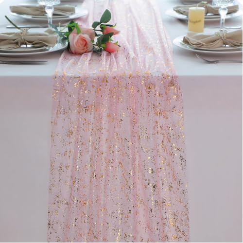Pink and Gold Table Runner 10 Ft Metallic Foil Glittery Sheer Gauze Decor by Snowkingdom