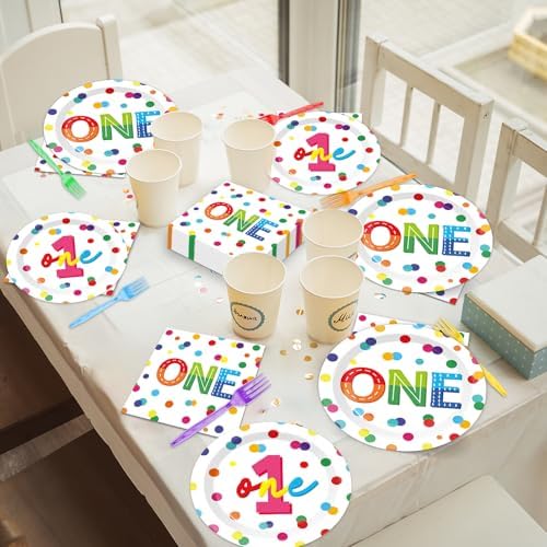 CHUNNIN 96pcs Rainbow 1st Birthday Plates and Napkins Confetti Happy Birthday Party Decorations with Polka Dot Confetti Dessert Plates Colorful 1st Tableware for 24 Guests 1 Year Old Party Supplies - Image 5