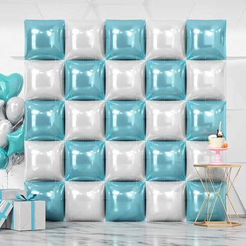 NISOCY 25PCS Pearl White and Light Blue Square Foil Balloons Wall Backdrop by NISOCY