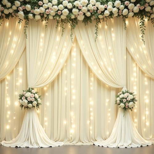 Beige Backdrop Curtains with Lights String for Parties,10x10FT Wrinkle Free Polyester Wedding Photo Backdrop Curtains for Baby Shower Birthday Ceremony Reception Home Party Decorations by Partisky