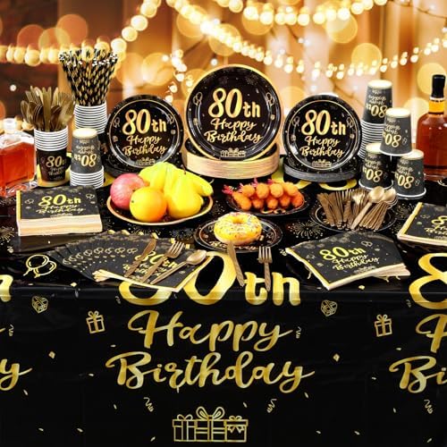 Funnymoom 452 Pcs 80th Birthday Party Decorations Set for Men Women, Black and Gold Happy 80th Birthday Paper Plates Napkins Cups Tablecloth Cutlery Straws Cheers to 80 Years Anniversary Party - Image 6