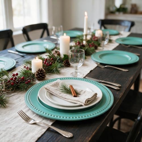 Antique Green Charger Plates,13 Inch Vintage Dinner Plate Chargers Round Server Ware.Set of 6 Plastic Beaded Chargers for Dinner Plates, Party, Wedding(Turquoise) - Image 2