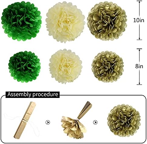 Paper Lanterns Paper Pom Poms Green and Gold Party Decorations 15pcs - Image 3