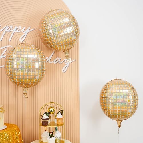 6pcs 22 Inch Gold Disco Ball Balloons, Shiny Gold Big Disco Foil Balloons - Image 5