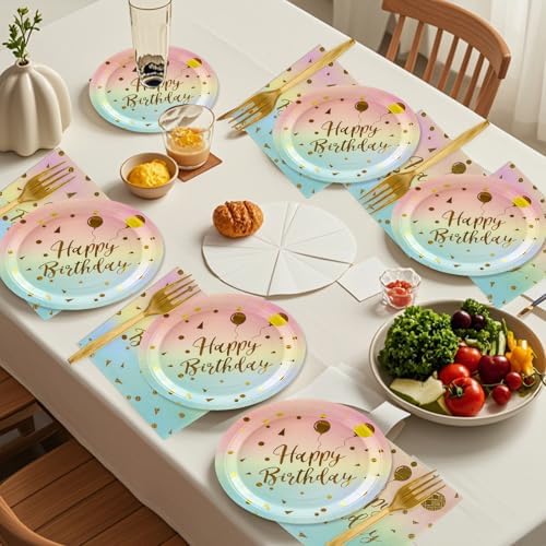 48PCS Happy Birthday Plates and Napkins Party Supplies, Colorful and Gold Disposable Paper Plates and Napkins with Forks Tableware Set for Birthday Party Decorations 16 Guests (Colorful) (Pack of 2) - Image 6