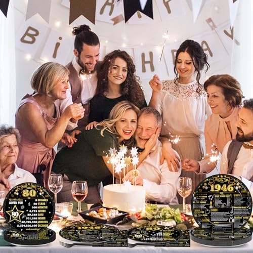 96Pcs 80th Birthday Plates and Napkins Back in 1946 Party Decorations Black Gold 80 Year Old Party Dessert Plates 1946 Birthday Tableware for 24 Guests 80th Theme Men Woman Bday Parties Supplies - Image 5