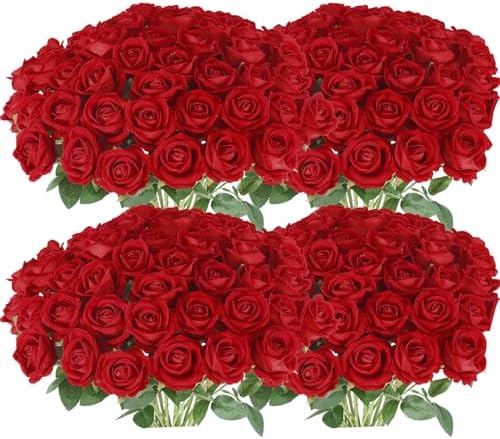 Hananona 100 Pcs Artificial Roses, Realistic Silk Red Flowers Bulk by HANANONA