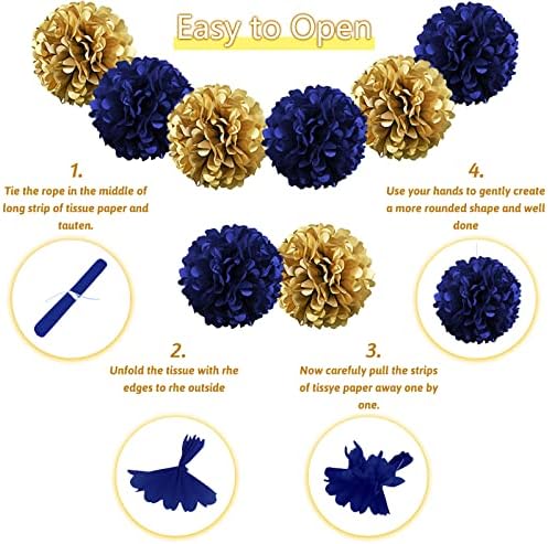 Navy Blue and Gold Happy Birthday Decorations with Banner, Paper Pompoms for Boys, Girls, Men, Women - Party Decorations Supplies - Image 5