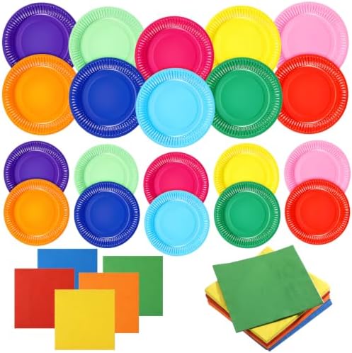 100 Pcs 7 & 9 Inch Colorful Paper Plates and Solid Printed Napkins by Unknown