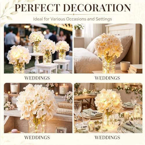 4 Sets Mason Jar Centerpiece with LED Lights and Champagne Hydrangea Fake Flowers Vase for Wedding Bridal Shower Party Coffee Table Decor - Image 5