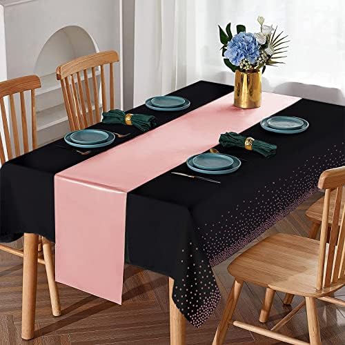8Pack Disposable Plastic Tablecloths and Satin Table Runner Set Black and Rose Gold Dot Tablecloth Gold Satin Table Runner for Wedding Birthday Baby Shower Anniversary Christmas New Year Party Supply - Image 3