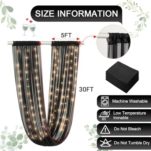 Black Ceiling Drapes with Lights String for Weddings, 6 Panels 5ftx30ft Sheer Tulle Backdrop Photo Background Drapes for Wedding Ceremony Birthday Party Arch Decoration - Image 4