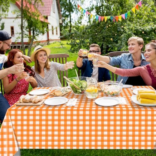 12 Pack Orange Plastic Checkered Tablecloth, Premium Decorative Disposable Orange Gingham Plaid Table Cloths for Parties, Rectangle Party Table Cover for Fall Thanksgiving Picnic Birthday, 54x108 Inch - Image 4