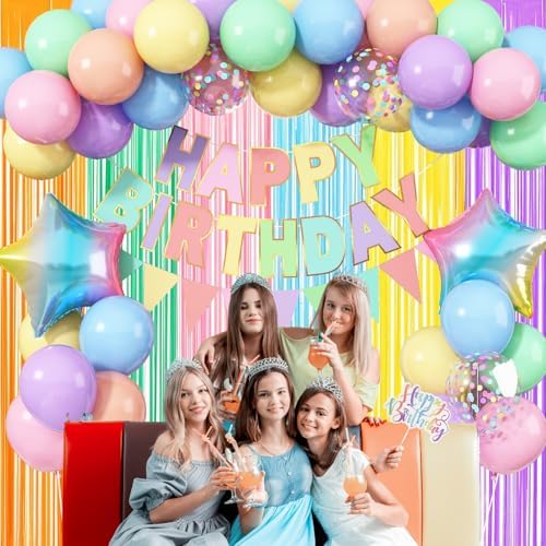 Jobkoo Pastel Birthday Decorations for Girls, Macaron Rainbow Pastel Color Balloons Reusable Happy Birthday Banner Sign Fringe Curtain Backdrop Cake Toppers for Kid Spring Baby Shower Party Decoration - Image 4