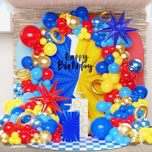 142 Pcs Red Blue Yellow Cartoon Hedgehog Balloon Arch Kit,Gold Circle Twisting Balloons with Exploding Star Foil Balloons for Video Game Theme Birthday Party Carnival Circus Baby Shower Decorations by Tesochye