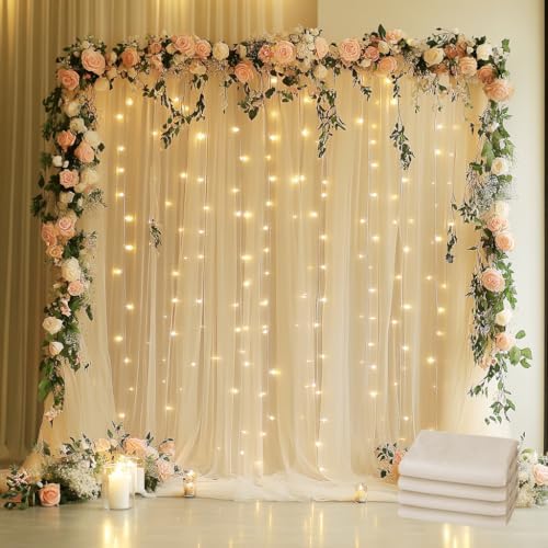 Tulle Backdrop Curtain with Lights 20x8FT Champagne Sheer Curtains by Xiomot