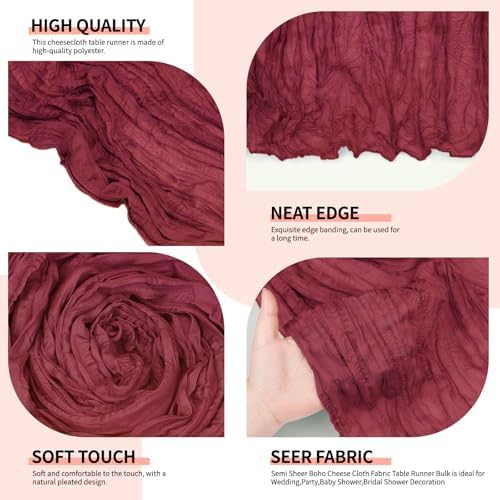 4 Pcs Burgundy Christmas Cheesecloth Table Runner 10Ft, Gauze Table Runners 21.5 x 120 inch, Semi Sheer Cheese Cloth Fabric Runner Bulk for Wedding,Party,Baby Shower,Bridal Shower - Image 5