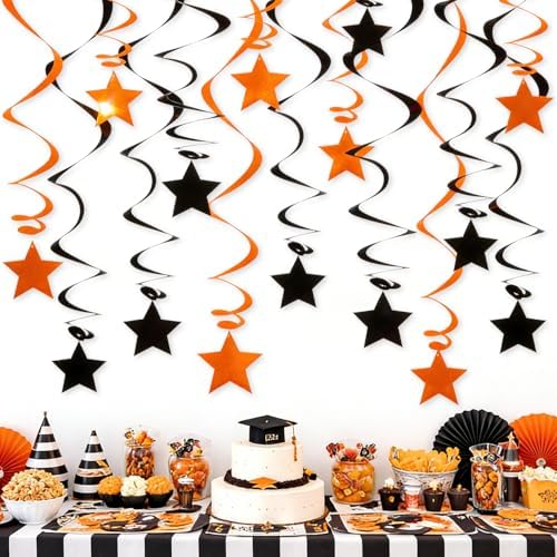 Orange Black Hanging Swirl Decorations - 32 Pcs Metallic Ceiling Swirls with Foil Stars, Plastic Streamers for Graduation, Halloween, Thanksgiving, Fall Autumn, Birthday, Sports Party Supplies by PARTVON