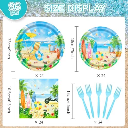 96 Pieces Summer Beach Plates and Napkins Set, Tropical Disposable Tableware with Paper Plates Napkins and Forks for Pool Party Luau Birthday Picnic, Serves 24 - Image 2