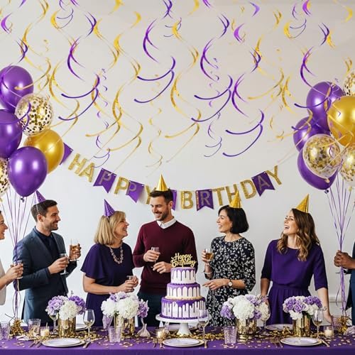 BEISHIDA 20Pcs Purple Gold Hanging Swirls Birthday Wedding Graduation Decor - Image 5