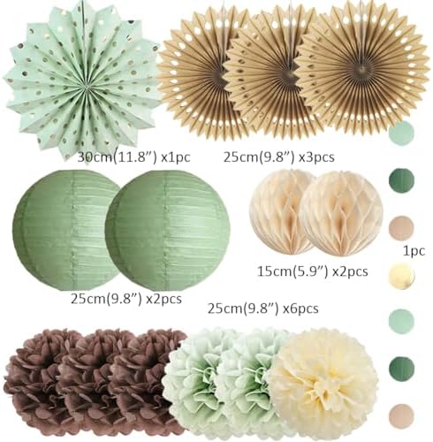 Sage Green and Brown Party Decorations Baby Shower Decorations Sage Green Beige Brown Tissue Paper Pom Poms Lanterns for Sage Green and Brown Birthday Bridal Shower Wedding Room Decor - Image 7