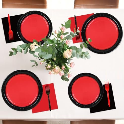 gisgfim 50 Guests Red and Black Party Supplies Decoration Black and Red Birthday Plates and Napkins Forks Red Black Disposable Tableware Red Birthday Party Paper Plates for Boys Girls Party 200PCS - Image 5