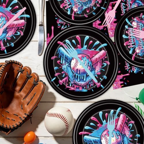 Baseball Drip Birthday Party Decorations - 96 Pcs Baseball Ice Cream Drip Plates Napkins Forks Tableware Set, Black and Pink Ice Cream Drip Dinnerware for Boys Girls Serve 24 - Image 6