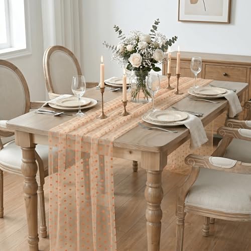 Artoid Mode Beige Gauze Flocking Orange Dots Table Runner 10FT,Seasonal Sheer Dining Table Decor for Wedding Anniversary Holiday Birthday Home Party - Image 3