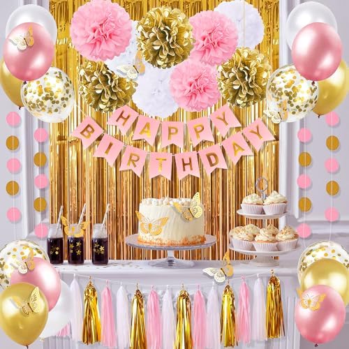 Pink and Gold Birthday Party Decorations for Women with Happy Birthday Banner,Curtains, Butterfly Wall,Circle Dots Garland,Tissue Pompoms,Paper Tassels Garland for Her - Image 6