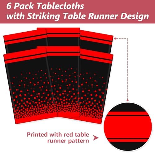 LANLISA Red and Black Tablecloth Party Decorations 6 Pack, Disposable Plastic Table Cloths for Birthday Graduation Retirement Masquerade Party Decor - Image 4