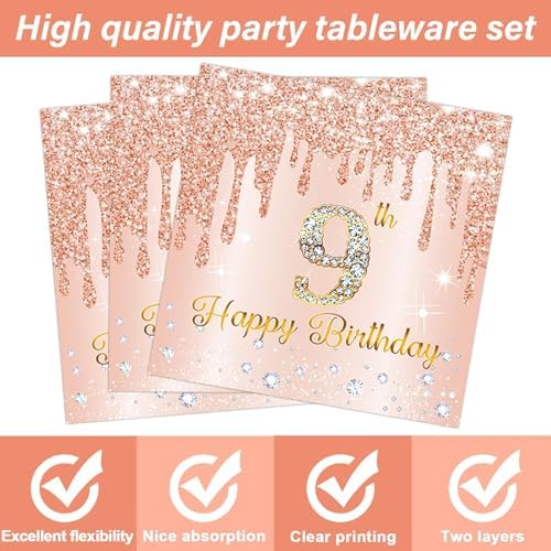 96 Pcs Rose Gold 9th Birthday Party Plates and Napkins for Girls Rose Gold Party Supplies Pink Happy 9 Years Birthday Party Tableware Set for 24 Guests Party Decorations - Image 4