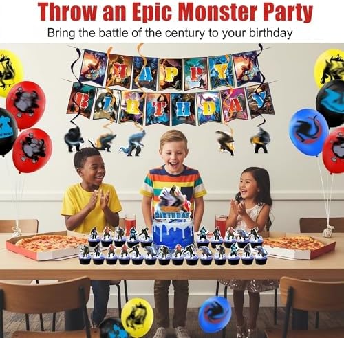 Monsters Theme Birthday Decorations, Birthday Party Decorations with Backdrop Banner, HAPPY BIRTHDAY Banner, Hanging Swirl Streamers, Latex Balloons and Cake Toppers - Image 3