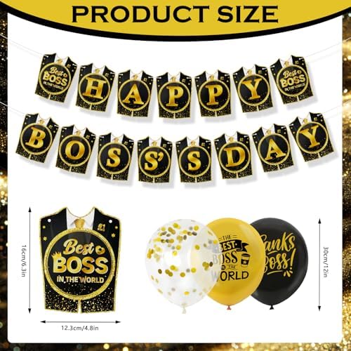 Konsait Happy Boss Decorations - Black & Gold Banner, Balloons & Office Decor Supplies for National Boss Day - Image 2